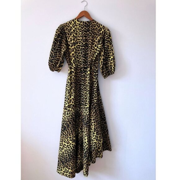 Ganni Bijou Leopard Cotton Wrap Dress Yellow Size 38/ US 6 - Picture 6 of 9